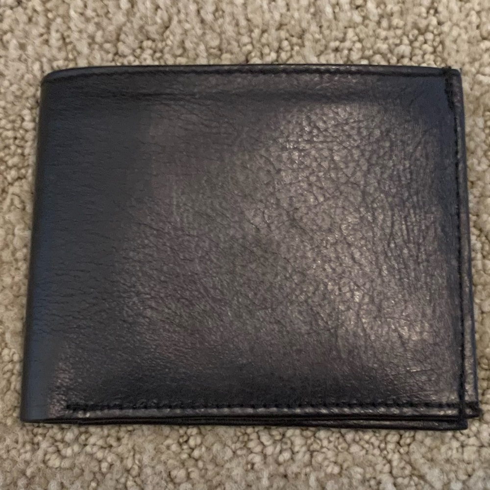 Black Genuine Leather Tri-Fold Wallet 9 Card Slots, ID Window & 2 Cash Pockets
